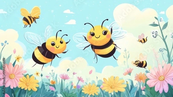 Fototapeta Cheerful Bees Flying Over a Field of Flowers