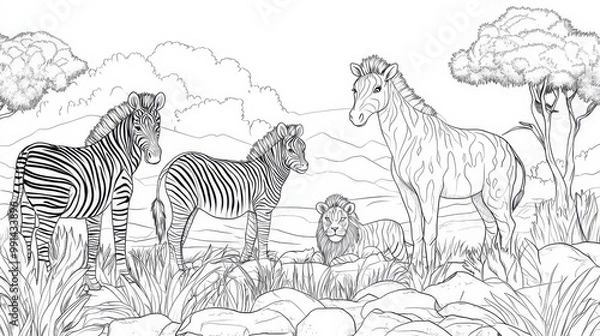 Fototapeta African Wildlife: Zebras and Lion in Black and White