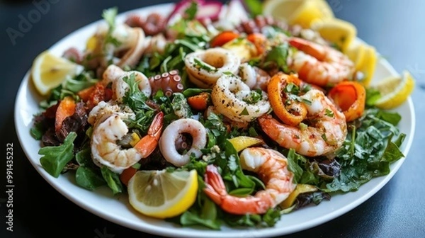 Fototapeta A vibrant seafood salad with mixed greens, calamari, shrimp, and octopus, beautifully arranged on a white plate with lemon slices.