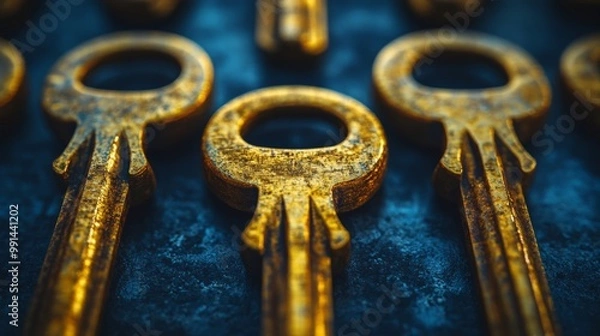 Obraz Golden Keys on a Blue Surface