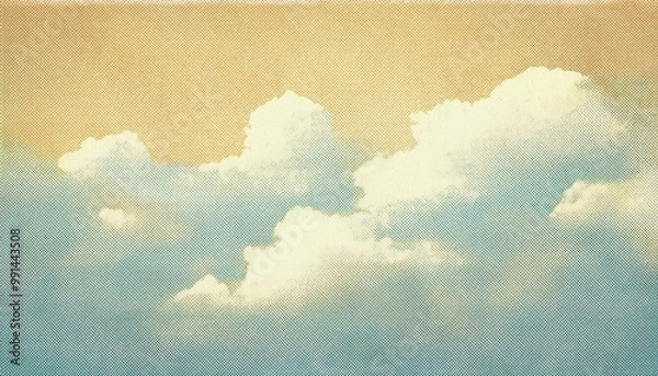 Fototapeta retro sky pattern on old paper texture. raster halftone vintage clouds.