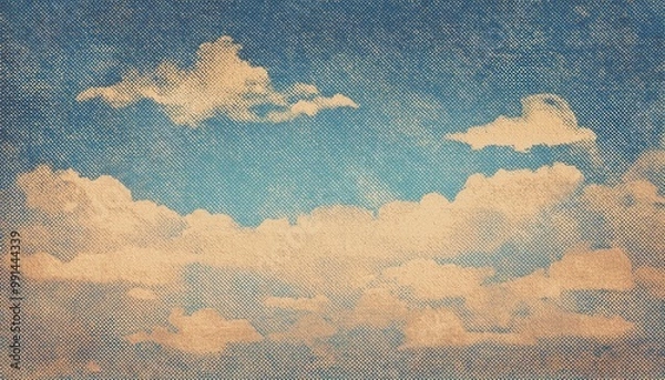 Fototapeta retro sky pattern on old paper texture. raster halftone vintage clouds.