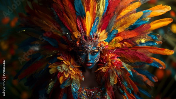 Fototapeta A woman wearing a colorful costume with feathers and beads