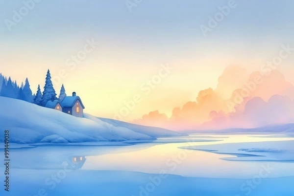Fototapeta Floating enchanted winter village, glowing softly as it drifts above a frozen ocean, peaceful and magical, watercolor style, watercolor illustration, having ample space for text