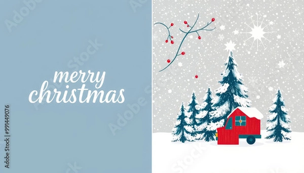 Fototapeta Merry Christmas Cover and Backcover greeting card. Modern beautiful Xmas design with typography, Christmas tree branches, balls, snowflake pattern. Minimal art banner, poster, cover templates 