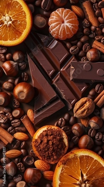 Fototapeta Featuring a flat lay of roasted coffee beans, citrus slices, and nuts on a dark backdrop, this image is ideal for marketing a coffee shop or dessert brand.