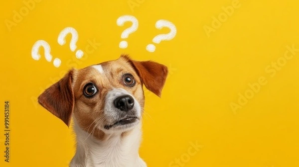 Fototapeta Puzzled Pup Curiosity, inquisitive dog with question marks in bright yellow setting, playful, imaginative ambiance