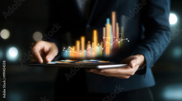 Fototapeta A sleek presentation of business growth, with a tablet displaying colorful charts and graphs in the hands of a successful entrepreneur.