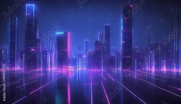 Obraz Futuristic Cityscape with Glowing Neon Lines