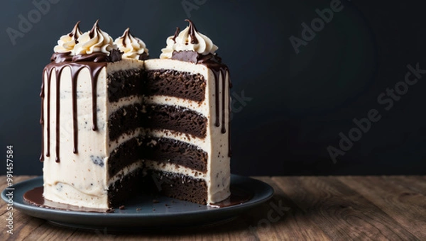 Obraz decadent chocolate cake with creamy frosting and a rich chocolate drizzle. The dark backdrop emphasizes the tempting, detailed layers of the cake slice