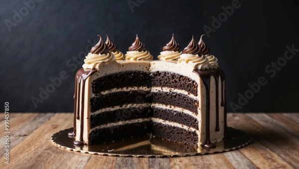 Obraz decadent chocolate cake with creamy frosting and a rich chocolate drizzle. The dark backdrop emphasizes the tempting, detailed layers of the cake slice