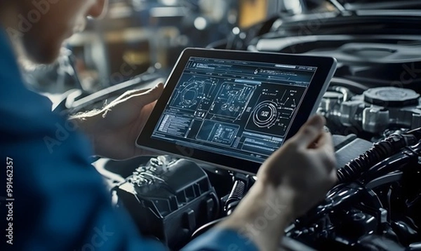 Obraz Mechanic Using Advanced Tablet for Vehicle Electrification