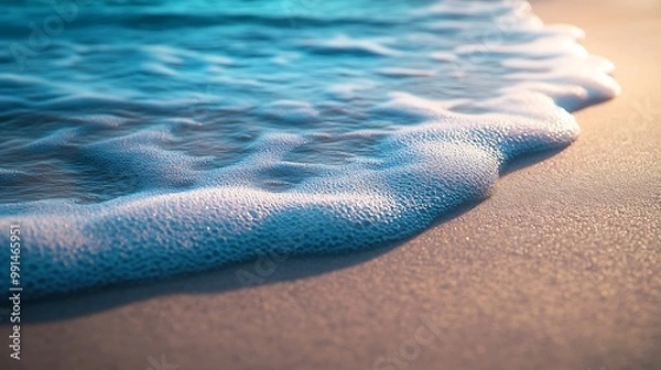 Fototapeta Soft blue ocean wave on clean sandy beach : Generative AI