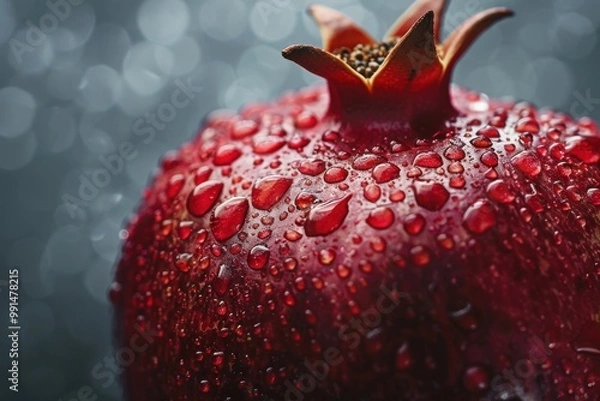 Fototapeta Pomegranate Dew: A close-up photo of a vibrant red pomegranate, glistening with dew drops. The image captures the beauty and freshness of this fruit, highlighting the texture and detail of its skin.
