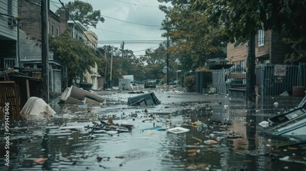 Fototapeta Aftermath of the Flood: A somber view of a residential street ravaged by a flood, debris and wreckage litter the flooded road, highlighting the devastation of natural disasters.  