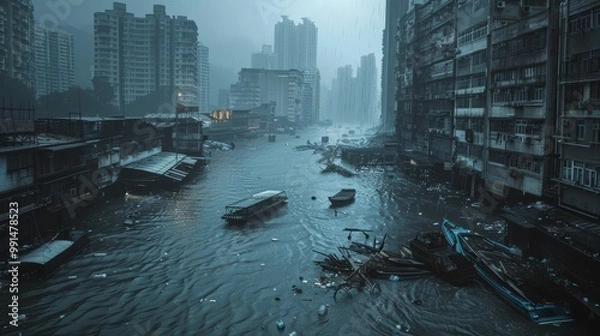 Fototapeta Flooded Cityscape: A haunting view of a Hong Kong cityscape engulfed by a deluge, boats bobbing in the flooded streets, buildings looming through the downpour.