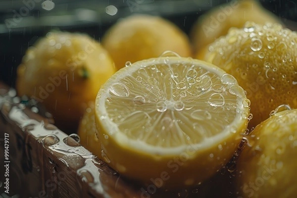 Fototapeta Lemons in the Rain: A close-up of fresh lemons, glistening with raindrops, evokes a sense of freshness and vibrancy. The halved lemon in the center reveals the juicy, citrusy interior.