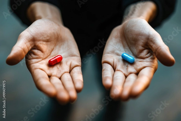 Obraz Hands hold a red and a blue pill