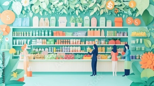 Obraz Vibrant Paper Cut Illustration of Eco-Friendly Grocery Store with Customers Budgeting and Saving Money
