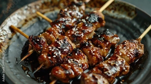 Fototapeta Tender yakitori skewers, grilled to smoky perfection, glazed with a sweet and savory teriyaki sauce, served on a traditional Japanese ceramic plate.