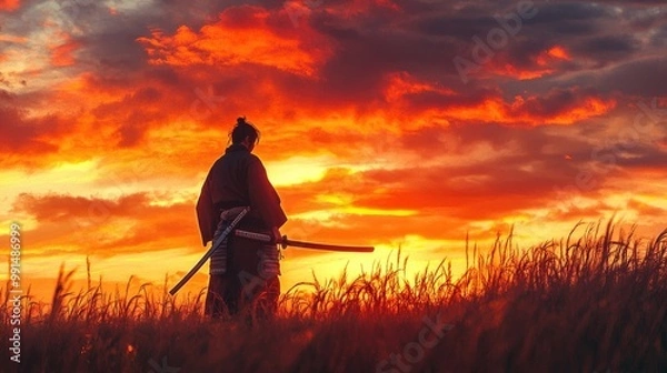Fototapeta Samurai warrior standing tall against a vibrant sunset, sword drawn, capturing the essence of bravery and tradition