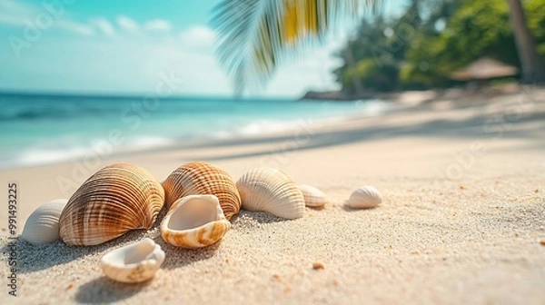 Fototapeta View of sandy beach with shells and palm tree with colored background : Generative AI