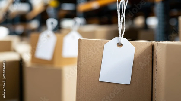 Fototapeta A close-up of cardboard boxes with blank tags, indicating organization and potential storage or shipping purposes in a warehouse or retail environment.