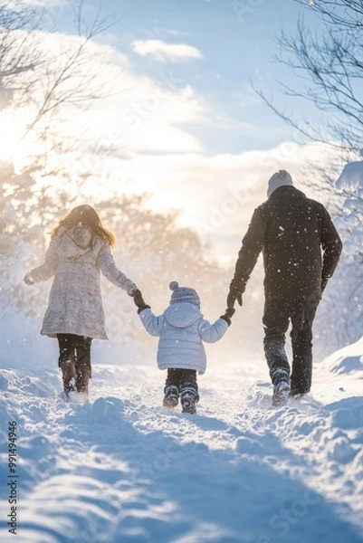 Fototapeta A family of three, a man, a woman and a child, are walking through the snow