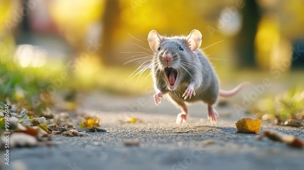 Fototapeta Terrified gray rat running away, mouth wide open as it screams in fear, conveying a sense of urgency and panic