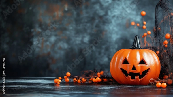 Obraz A pumpkin with a smiley face and other pumpkins are on a wooden table