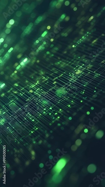 Fototapeta Vibrant green abstract background with glowing particles and intersecting lines, perfect for technology and digital themes.