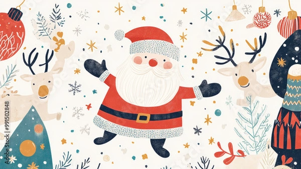 Fototapeta Cheerful Santa Claus surrounded by festive elements like reindeer, snowflakes, and Christmas decorations, creating joyful holiday atmosphere