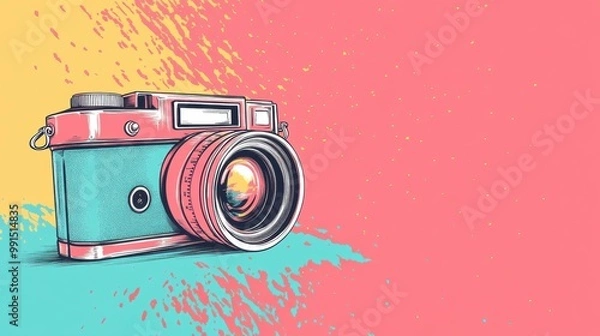 Fototapeta Vintage camera illustration on a colorful abstract background.