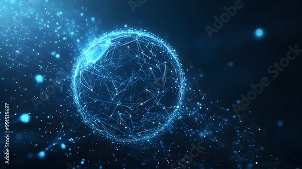 Fototapeta Abstract Blue Sphere with Connected Lines and Glowing Particles