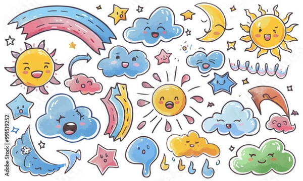 Fototapeta A cartoon set of clouds, suns, and moons, each with a smile or angry face. Hand drawn doodle sketches. Rainbow, wind, and tornado doodle characters
