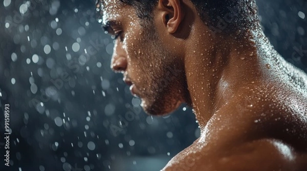Fototapeta Close-up of a man in the rain, drops, intense expression, dynamic atmosphere.