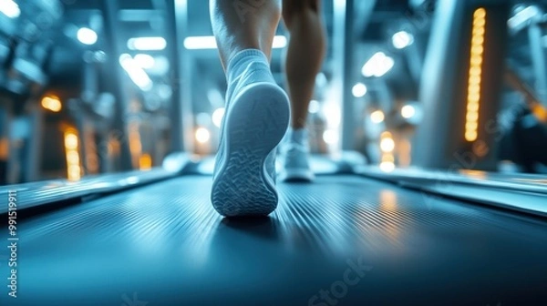Fototapeta Close-up of a foot running on a treadmill in a modern gym environment.