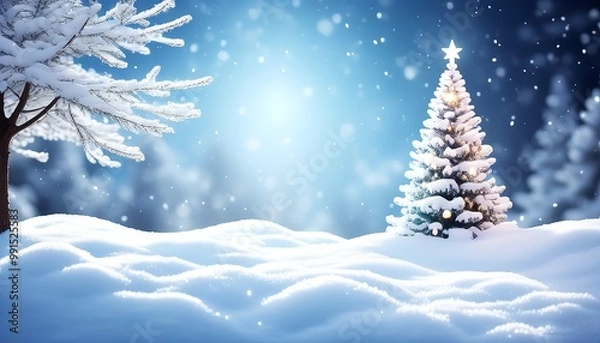 Fototapeta Snow-Covered Christmas Tree with softly glowing lights and a snowy background. Made with Generative AI Technology