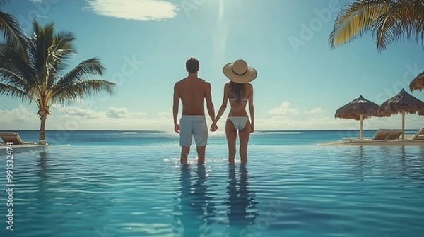 Fototapeta vacation couple on the beach near swimming pool luxury travel : Generative AI