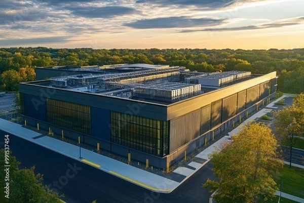 Fototapeta Photorealistic modern data center viewed from above