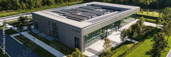 Fototapeta Photorealistic drone view of a modern industrial data center