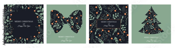 Obraz Set of holiday greeting card Happy New Year and Merry Christmas. Chinese holiday. Ribbon and Christmas tree. Xmas. Simple trendy elements and shape. Glowing image. Sparkle calendar. Snowflake.
