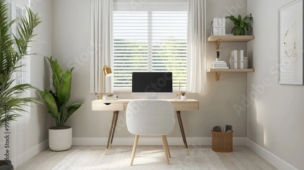 Fototapeta A stylish home office with a simple desk, ergonomic chair, and minimalistic decor, showcasing a productive yet calm workspace.