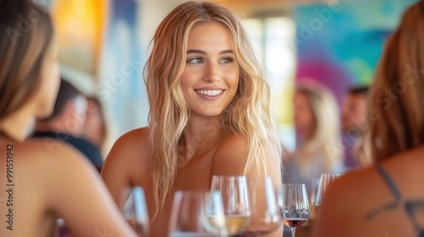 Fototapeta A table filled with a variety of drinks, including coffee, wine, and mocktails, while friends chat and laugh in a beautifully decorated venue with soft lighting and paintings on the walls.