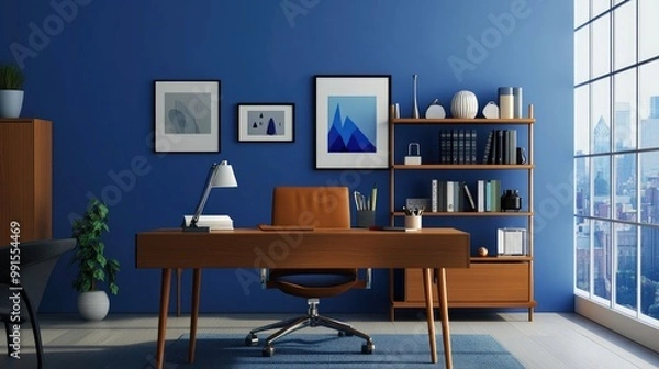 Fototapeta An elegant home office setup with a minimalistic desk, ergonomic chair, and decorative items, showcasing a cozy yet productive atmosphere.