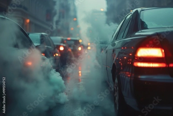 Fototapeta A black car is driving in a traffic jam with a lot of other cars, generative ai image