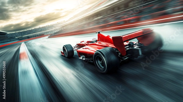 Fototapeta Motor sports competitive team racing. Fast moving generic race car racing down the track with motion blur.Illustration