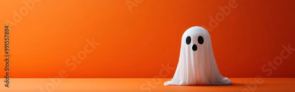 Obraz Cute white ghosts on minimalist color background with copy space
