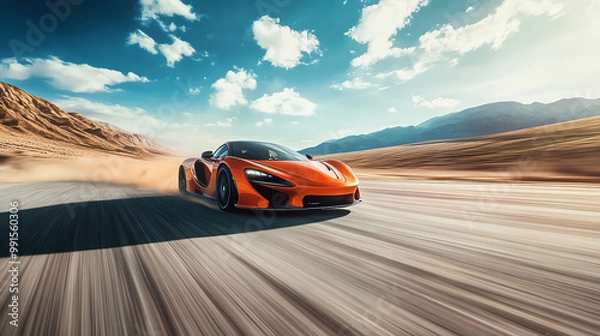 Obraz A stunning orange sports car speeds through a desert landscape under a bright blue sky, showcasing power and elegance.