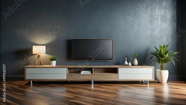 Fototapeta Sleek modern TV cabinet in empty room with dark background and wooden floor